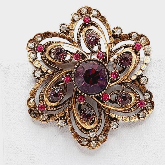 Vintage ART Arthur Pepper Rhinestone Brooch Purple Pink Clear Floral Design - Picture 3 of 9